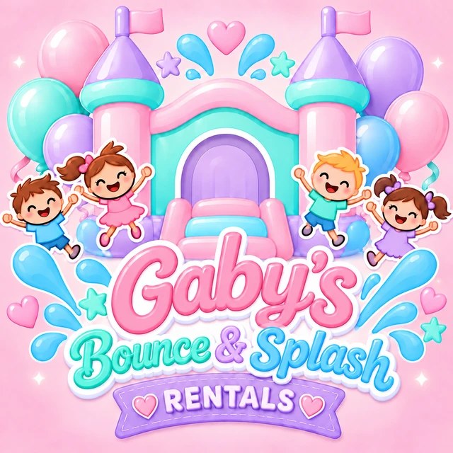 Logotipo de Gaby’s Bounce & Splash Rentals, con un castillo inflable y letras coloridas.
