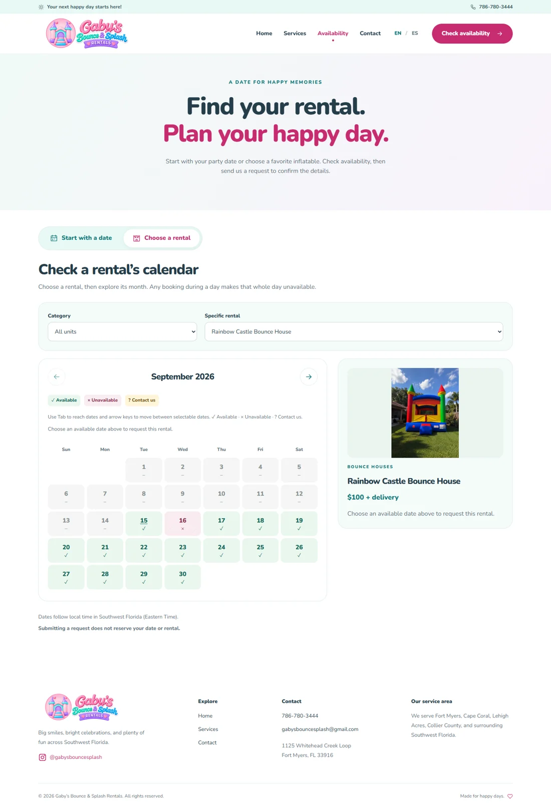 Gaby’s rental availability page showing date and rental modes, a monthly availability calendar and the selected bounce house.