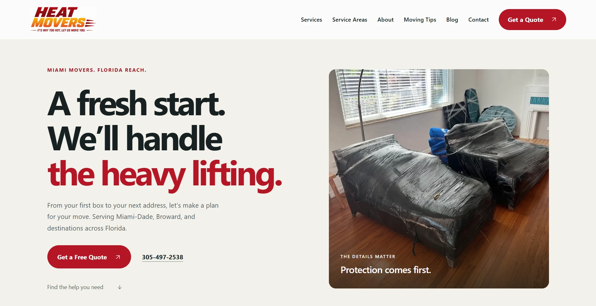 Heat Movers homepage with its logo, a quote request button, and a photograph of furniture wrapped for a move.