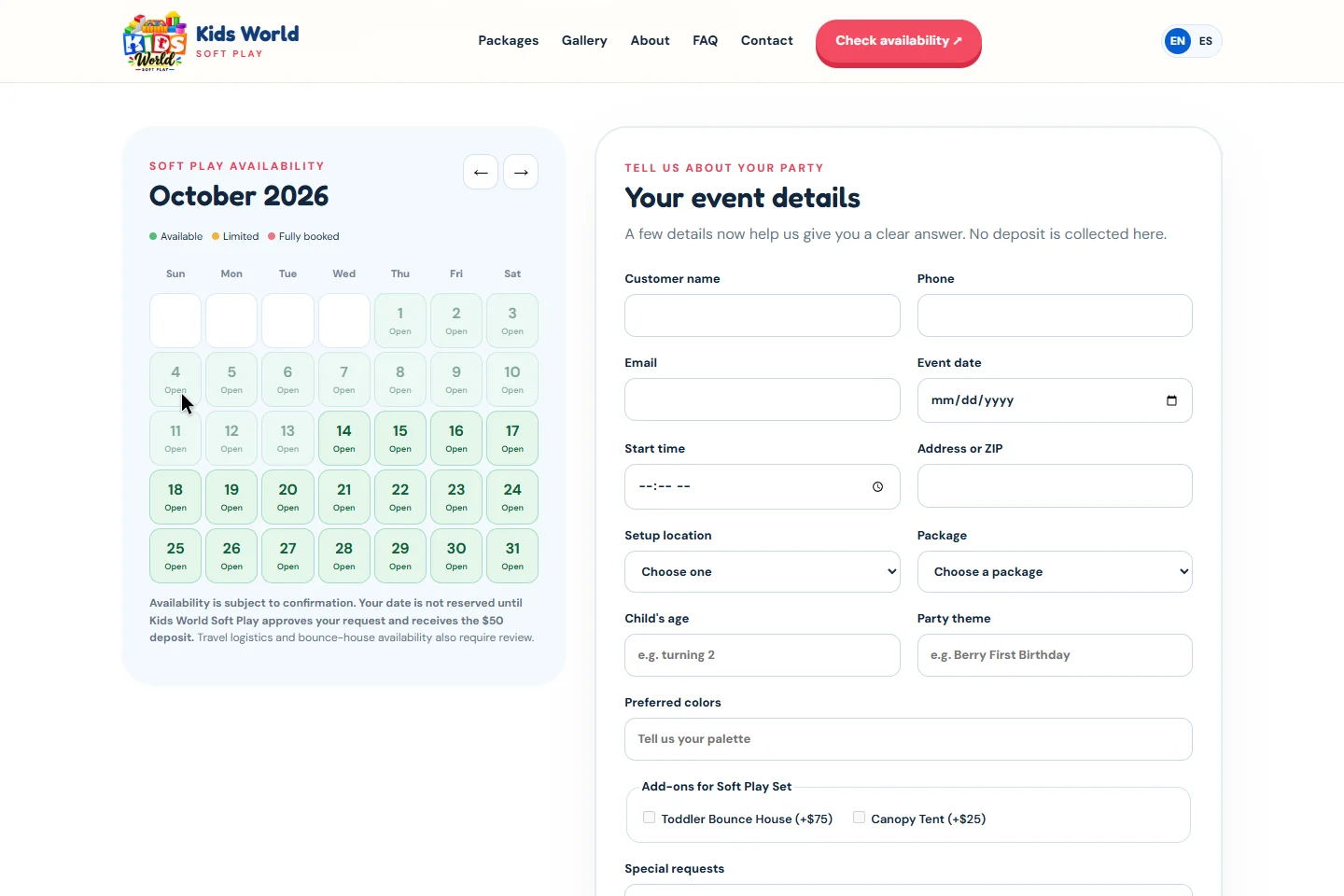 Soft-play availability calendar beside the event request form.