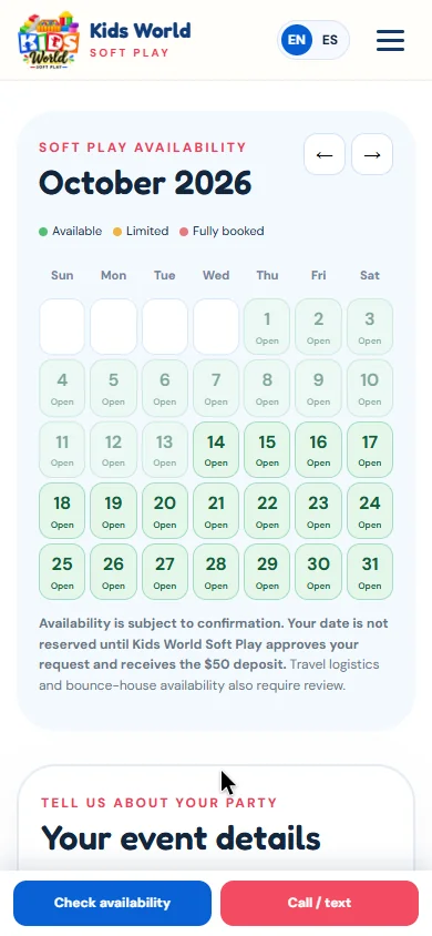 Soft-play availability calendar on mobile.