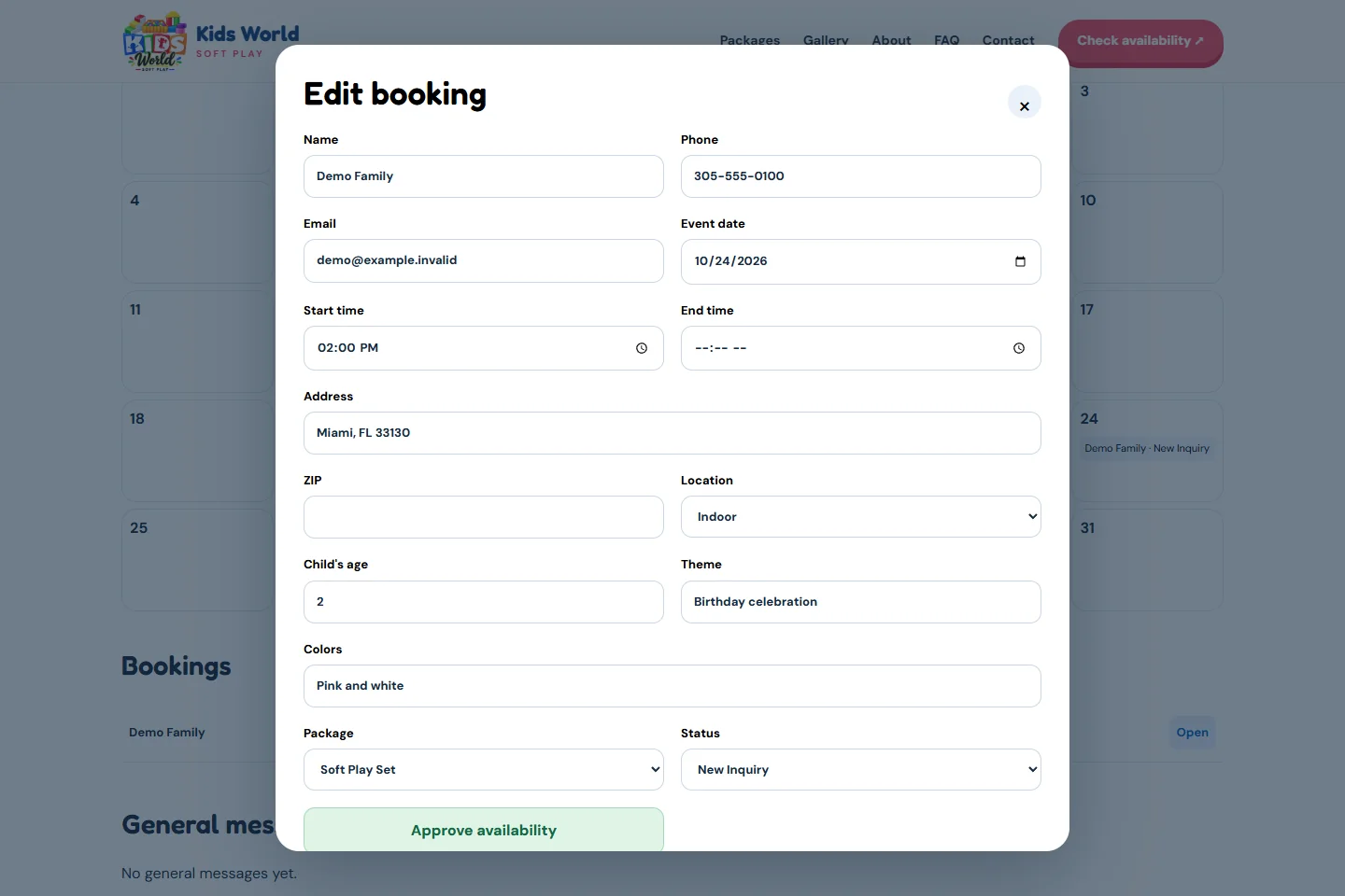 Sample booking marked New Inquiry, with an availability-approval action.