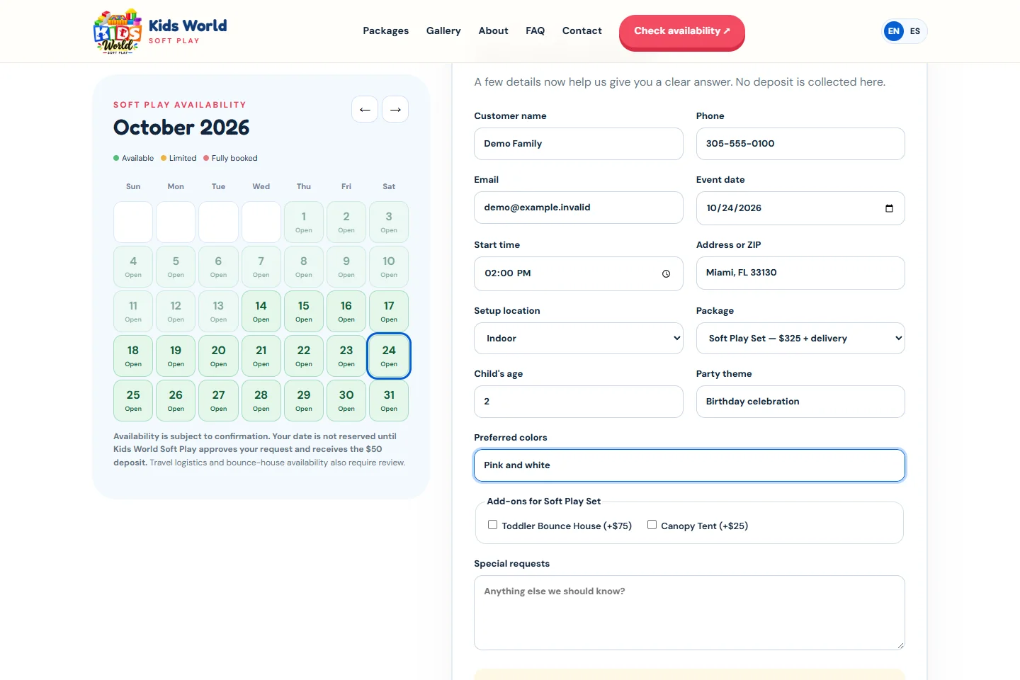 Sample event details entered in the actual request interface.