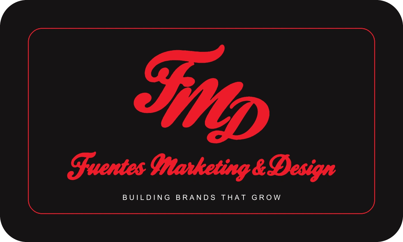 Original Fuentes Marketing & Design business card front: red script logo and Building Brands That Grow on charcoal.
